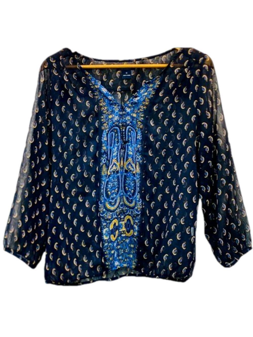 Lucky Brand Crescent Moon Blouse Sheer Top Deep Blue Size Medium EUC